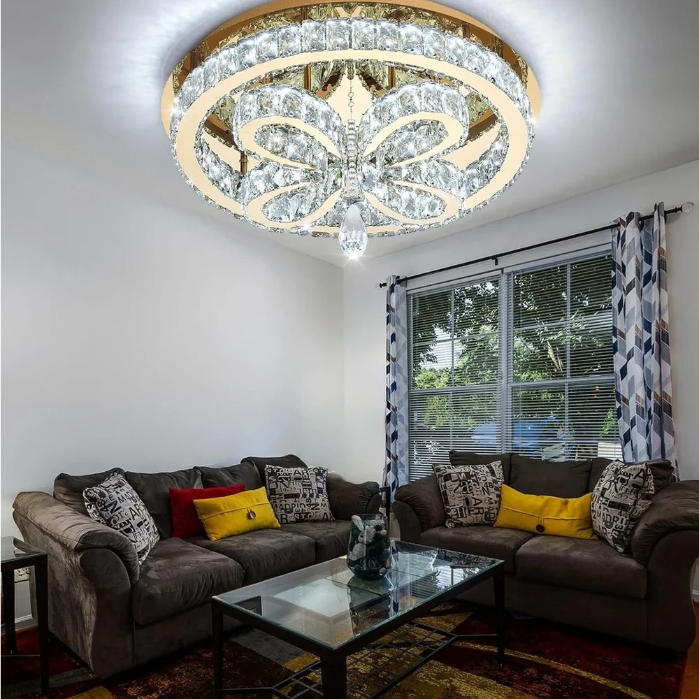 (NEW) Modern Gold Flush Crystal Flush Mount Ceiling Chandelier - 20”x10” - Picture 8 of 11